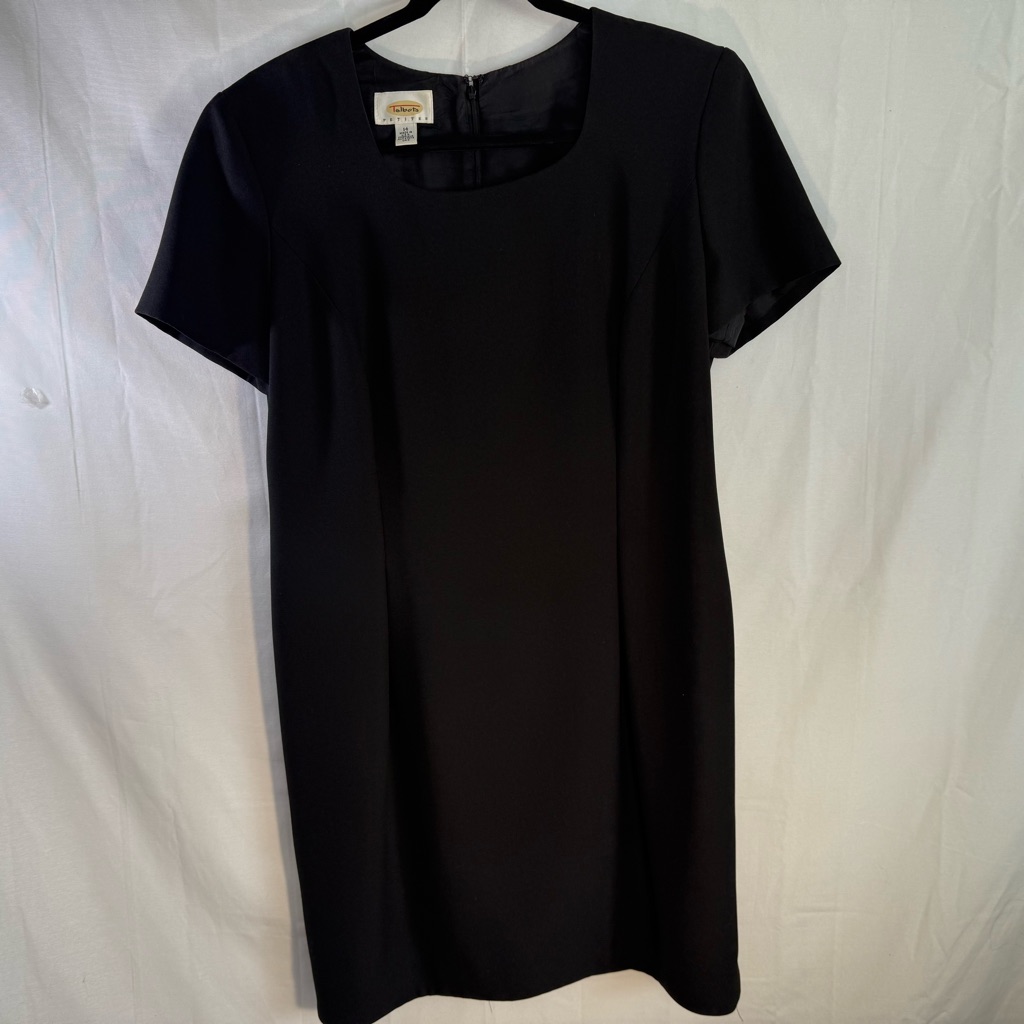 Talbots 14p Black Sheath Dress Short Sleeve Midi Career, Office, Cocktail, Date